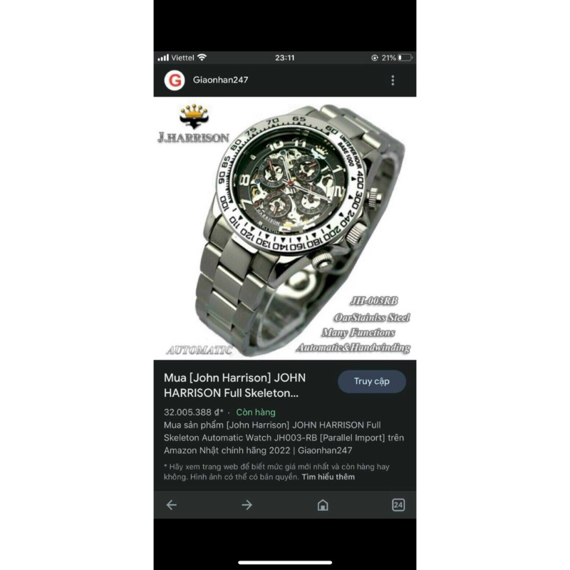 ĐỒNG HỒ NAM CƠ TỰ ĐỘNG J.HARRISON NHẬT