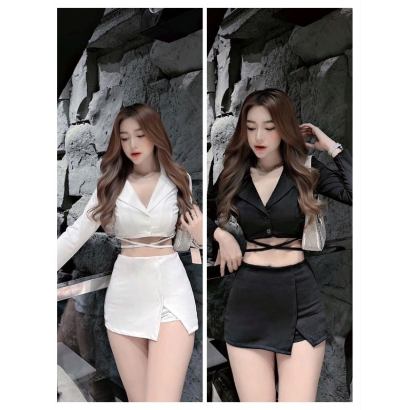 M115 - Set áo sơ mi croptop và váy sẻ tà form ngắn