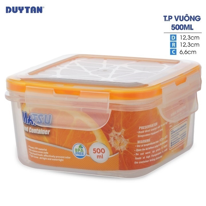 Hộp đựng thực phẩm vuông nhựa DUY TÂN Matsu 500ml (12.3 x 12.3 x 6.6 cm) - 03307