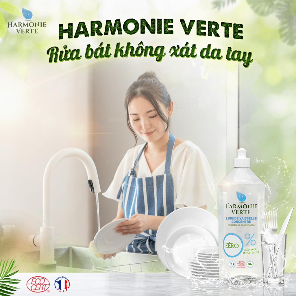 Nước rửa bát sinh học đậm đặc bạc hà Harmonie Verte 1L