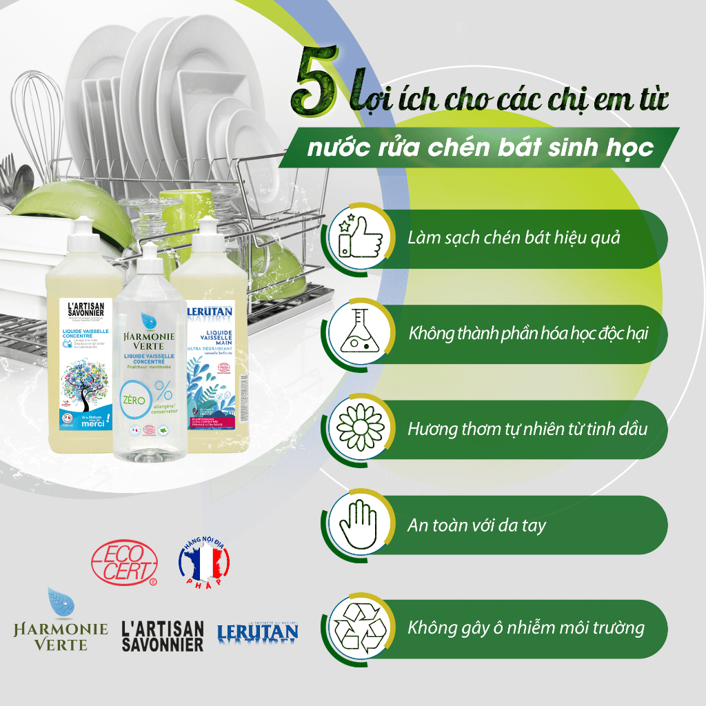 Nước rửa bát sinh học đậm đặc bạc hà Harmonie Verte 1L