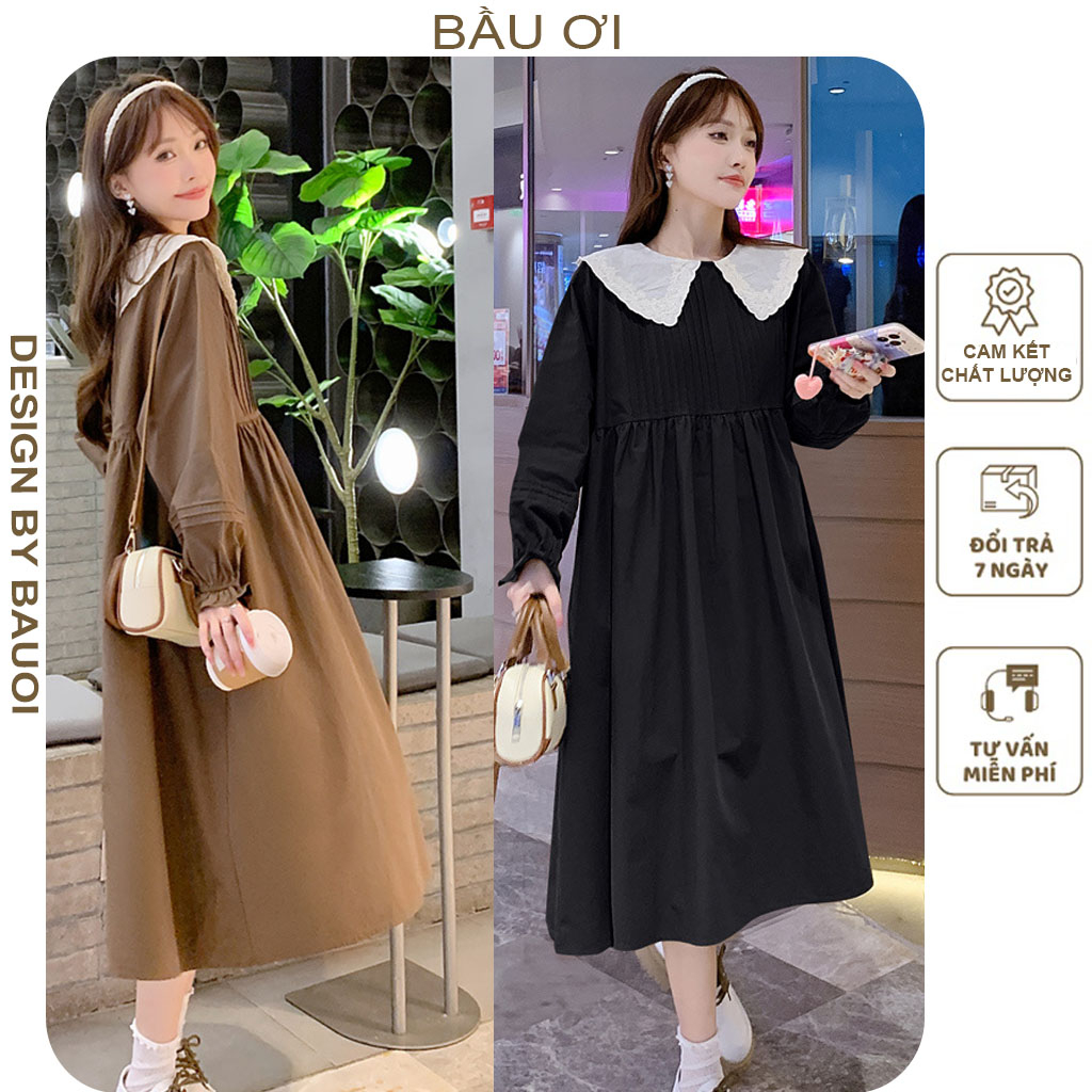 ĐẦM VÁY BẦU MÙA THU DÀI TAY DÁNG SUÔNG A CỔ SEN THỜI TRANG THIẾT KẾ - ĐẦM BẦU BABYDOLL FREESIZE CHẤT ĐẸP