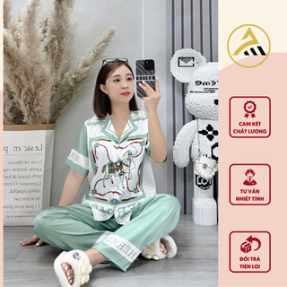 Bộ Đồ Ngủ Nữ Quần Dài Anh Mỹ Lụa Xước In 5D Thoáng Mát Xanh Ngọc Họa Tiết Chú Ngựa SP0007