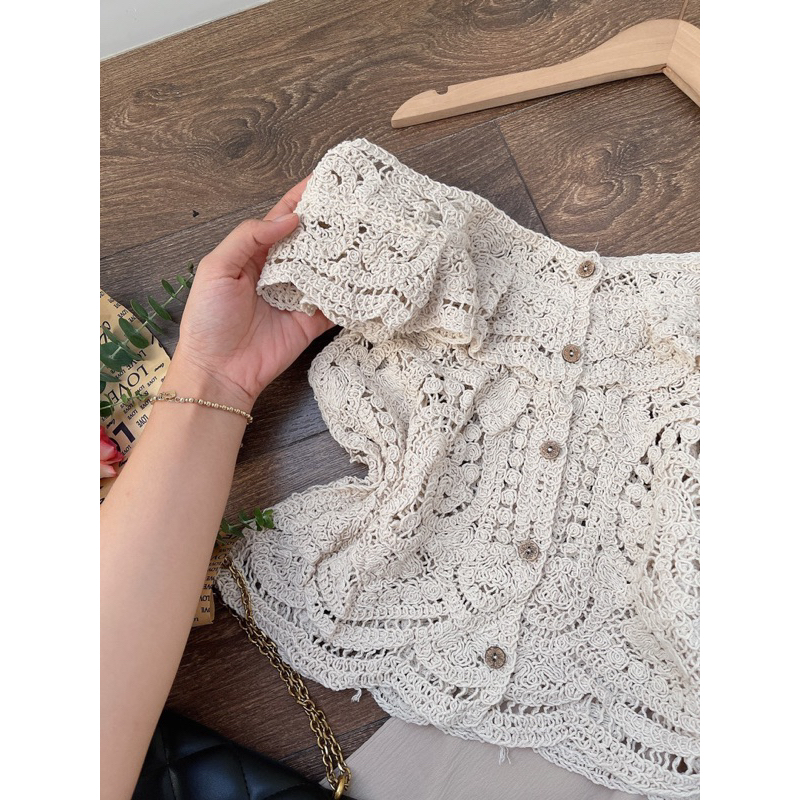 SET ÁO REN BẸT VAI BÈO + QUẦN SUÔNG NÂU