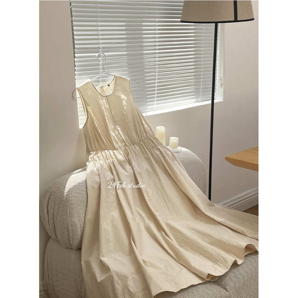 Váy maxi sát nách nhún eo phong cách Vintage Hàn Quốc