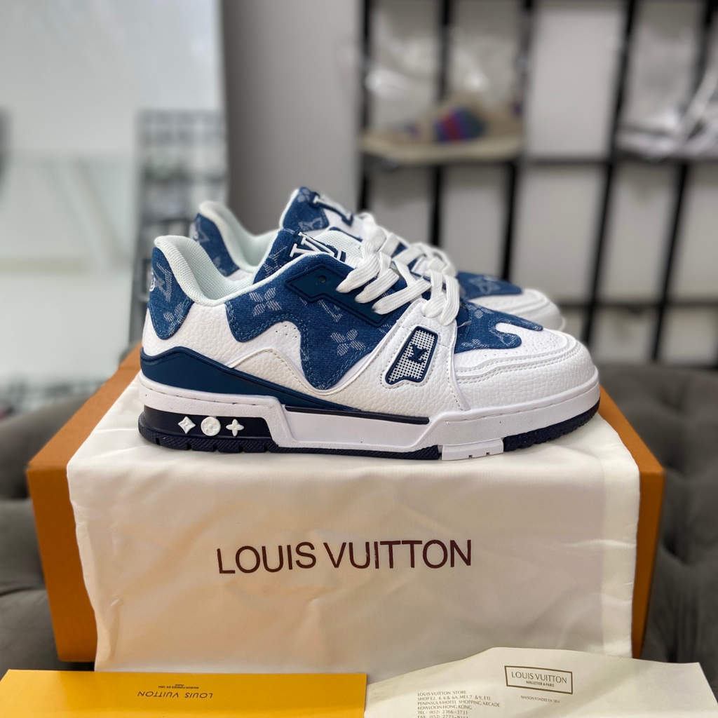 Giày thể thao LV Sneakers Trainer Triple White DA SÓNG BÒ XANH, Giày thể thao LV 54 FULL Sóng Bò - ẢNH THẬT
