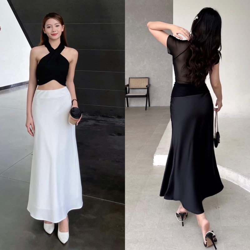 Chân váy lụa dáng đuôi cá dài xoè retro