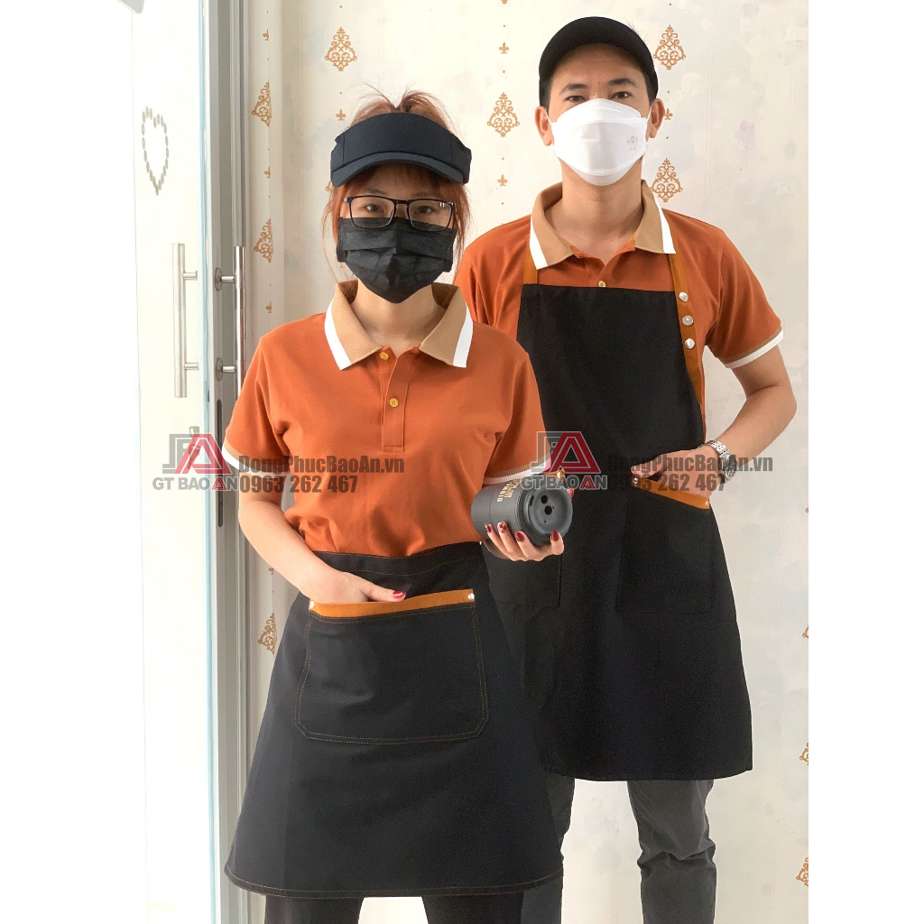 Áo Thun Polo Đồng Phục Quán Màu Bò Cho Nam Nữ Nhân Viên Quán, Nhà Hàng - Kèm Tạp Dề, Nón Nửa Đầu