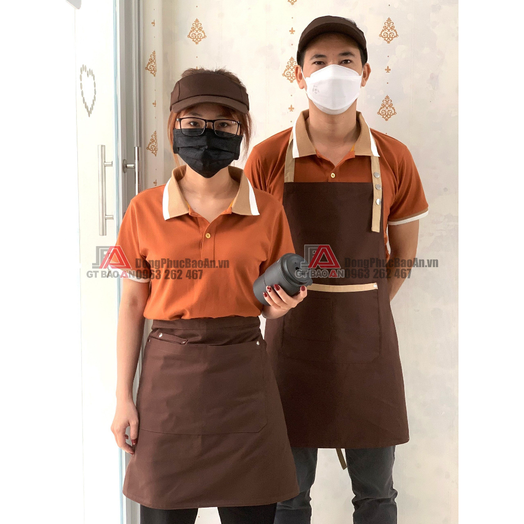 Áo Thun Polo Đồng Phục Quán Màu Bò Cho Nam Nữ Nhân Viên Quán, Nhà Hàng - Kèm Tạp Dề, Nón Nửa Đầu