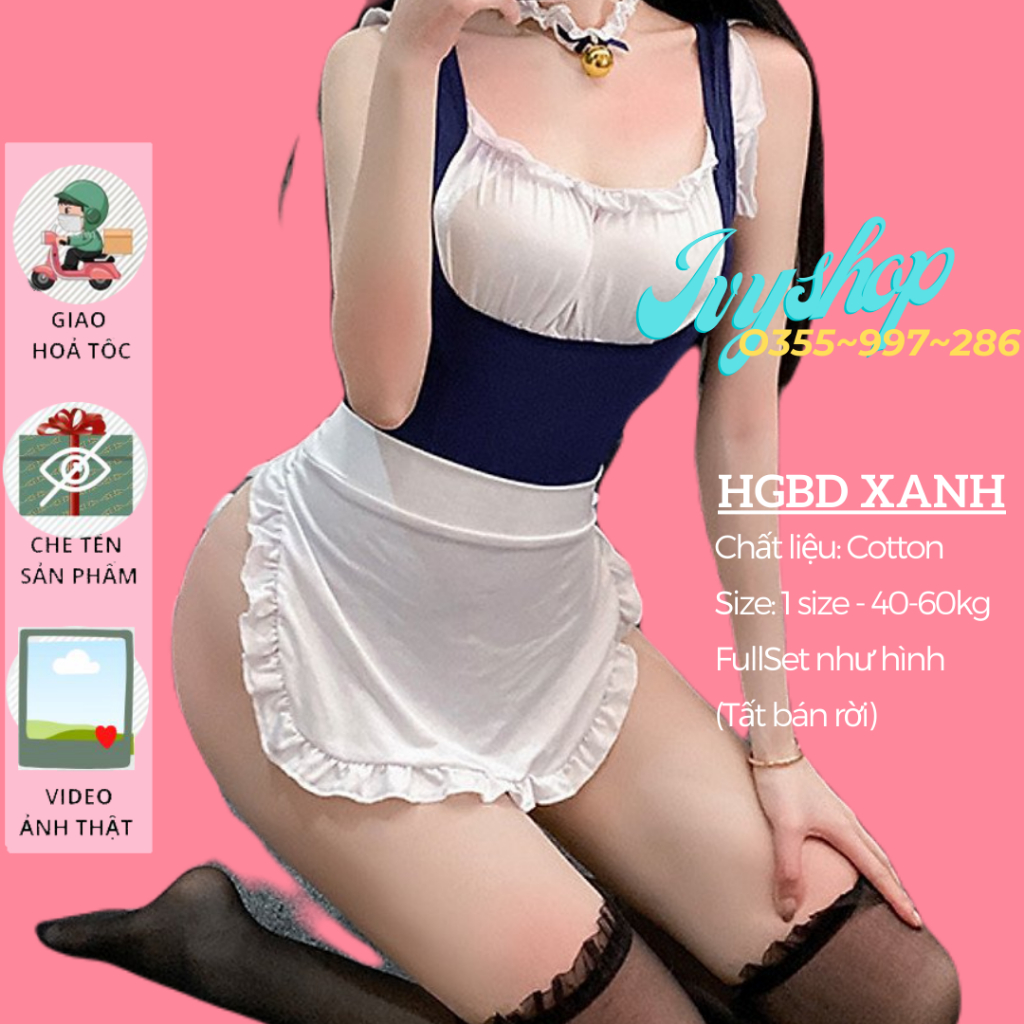 Cosplay Hầu Gái Sexy _ HGBD Xanh Có Đệm Và HGD004 Ren không đệm ngực - Ivyshop