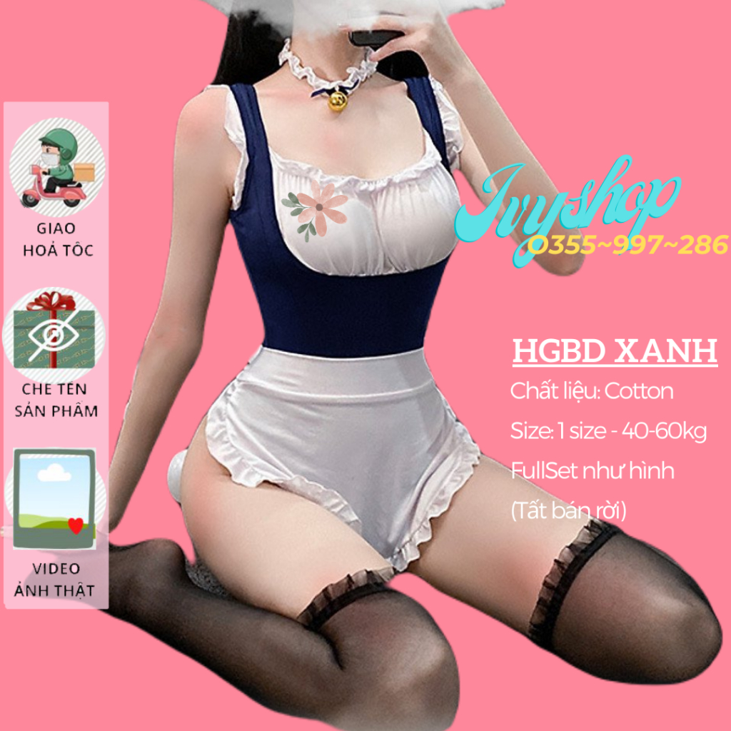 Cosplay Hầu Gái Sexy _ HGBD Xanh Có Đệm Và HGD004 Ren không đệm ngực - Ivyshop