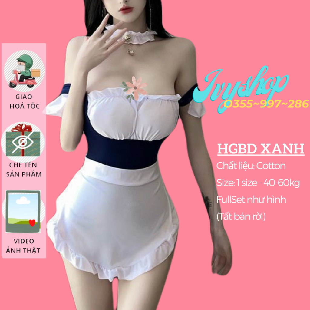 Cosplay Hầu Gái Sexy _ HGBD Xanh Có Đệm Và HGD004 Ren không đệm ngực - Ivyshop