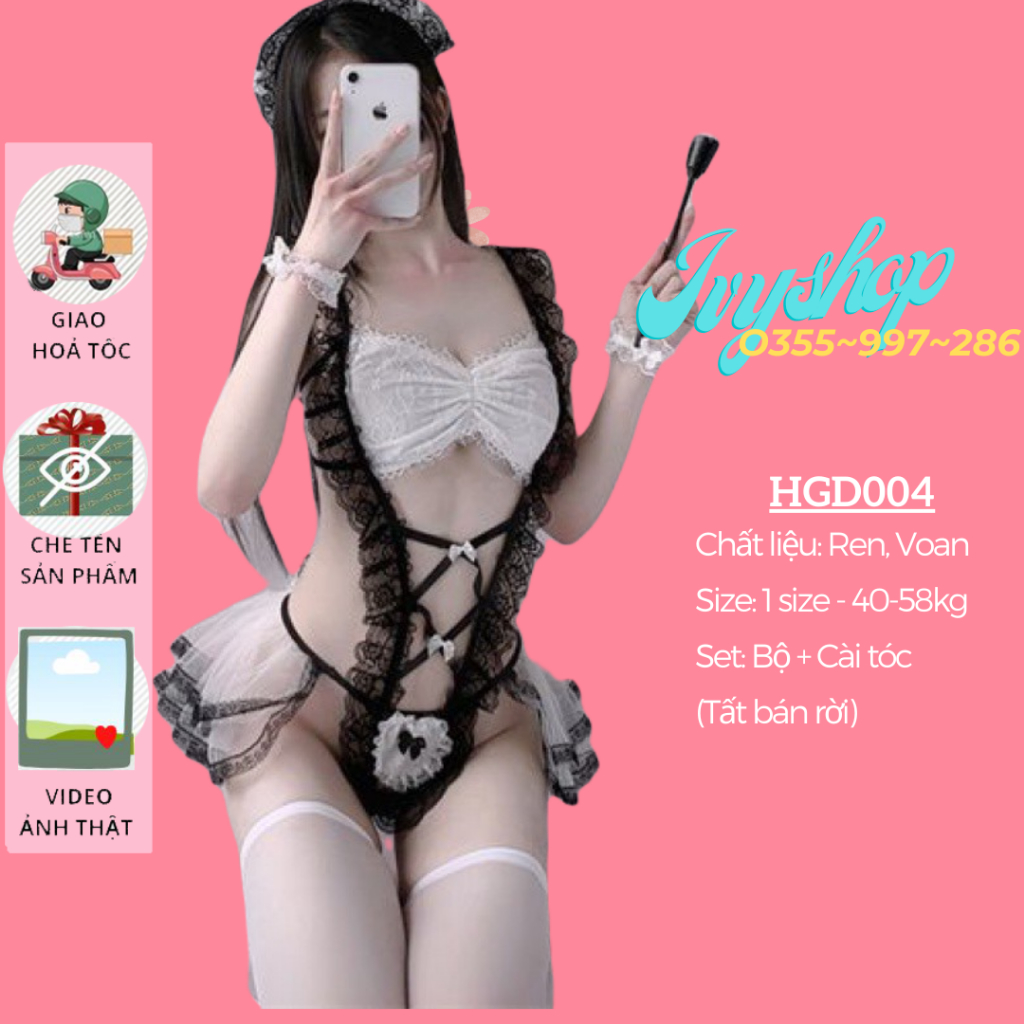 Cosplay Hầu Gái Sexy _ HGBD Xanh Có Đệm Và HGD004 Ren không đệm ngực - Ivyshop