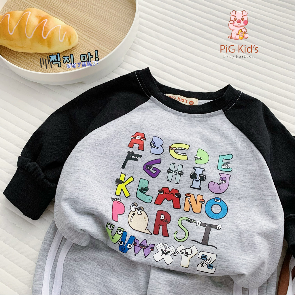 Bộ thu đông cotton mềm mịn dài tay in hoạ tiết bảng chữ cái Pig Kid cho bé