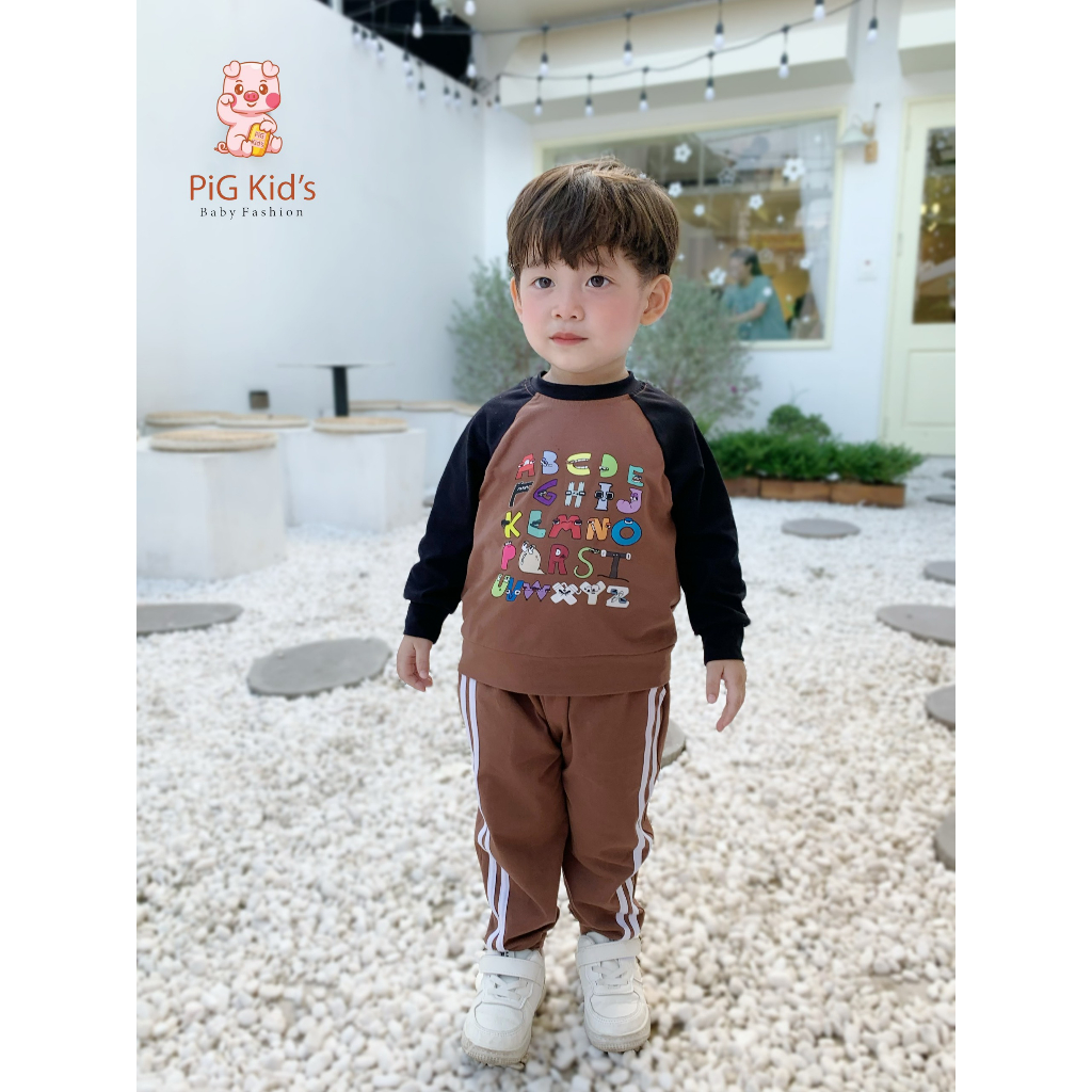 Bộ thu đông cotton mềm mịn dài tay in hoạ tiết bảng chữ cái Pig Kid cho bé
