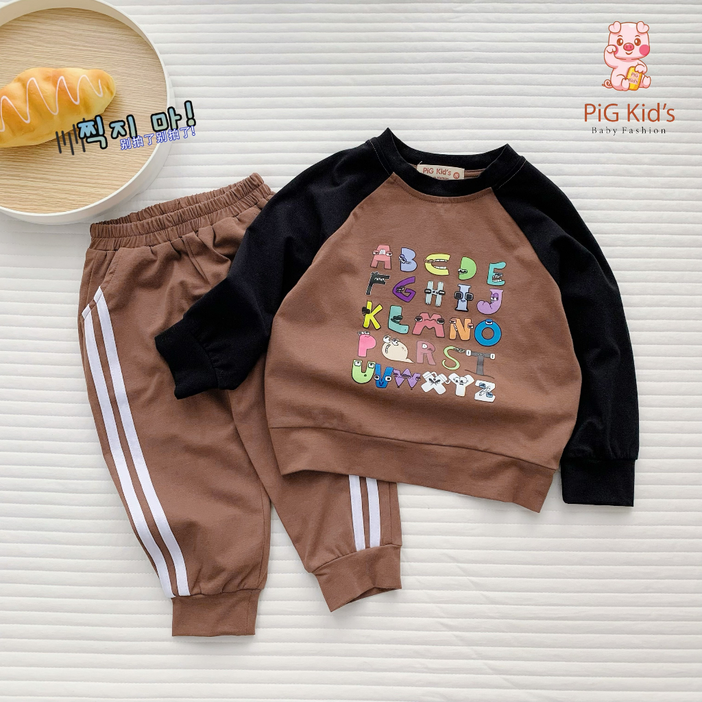 Bộ thu đông cotton mềm mịn dài tay in hoạ tiết bảng chữ cái Pig Kid cho bé