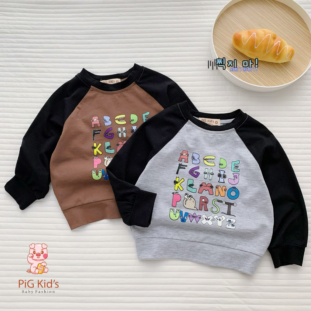Bộ thu đông cotton mềm mịn dài tay in hoạ tiết bảng chữ cái Pig Kid cho bé