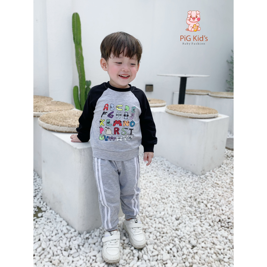 Bộ thu đông cotton mềm mịn dài tay in hoạ tiết bảng chữ cái Pig Kid cho bé