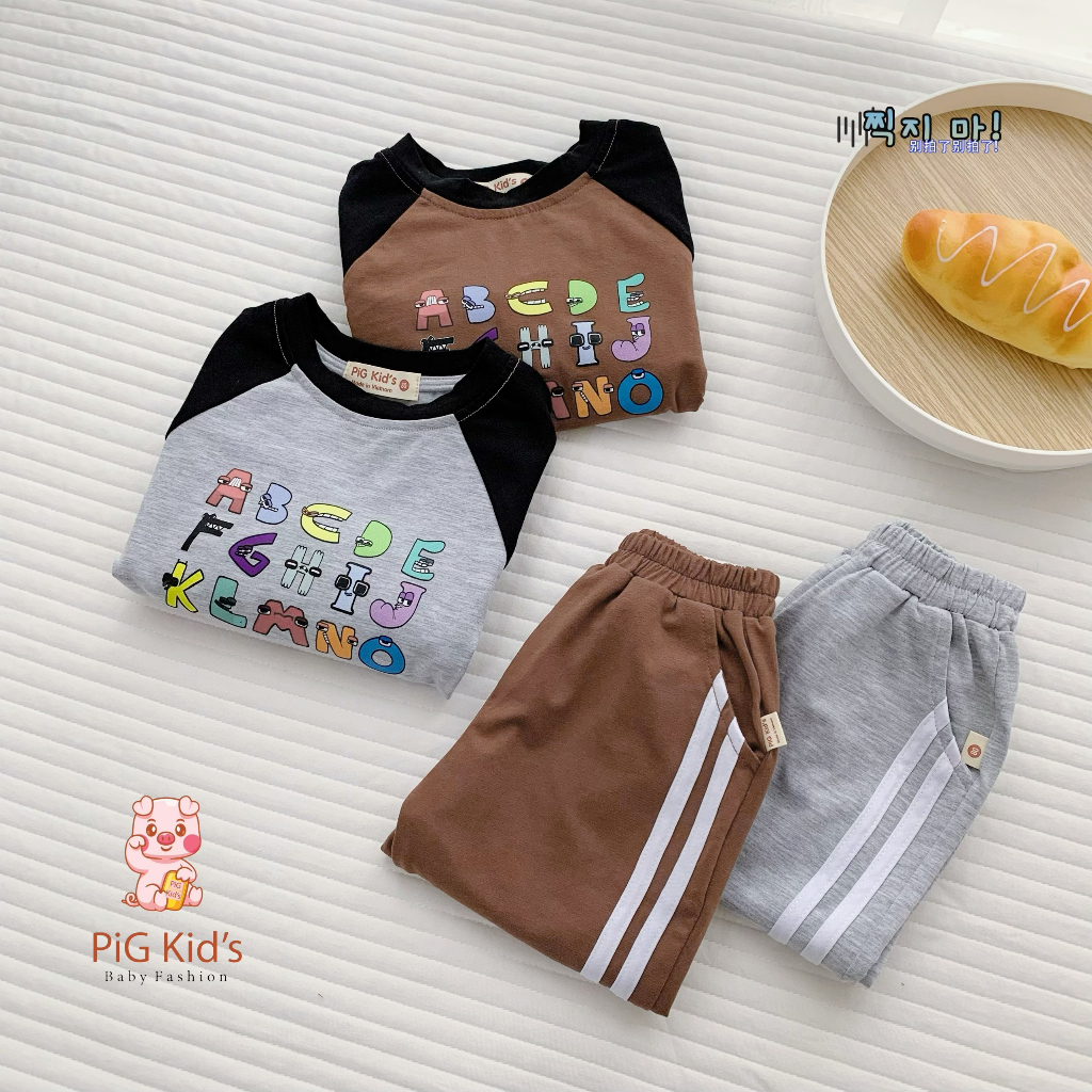 Bộ thu đông cotton mềm mịn dài tay in hoạ tiết bảng chữ cái Pig Kid cho bé
