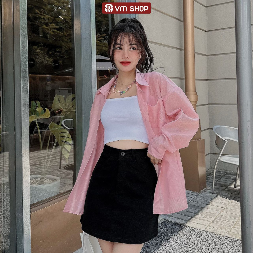 Áo sơ mi nữ VM Shop chất mỏng khoác ngoài tay dài trơn pastel túi hộp bên basic VM149 SMU00202