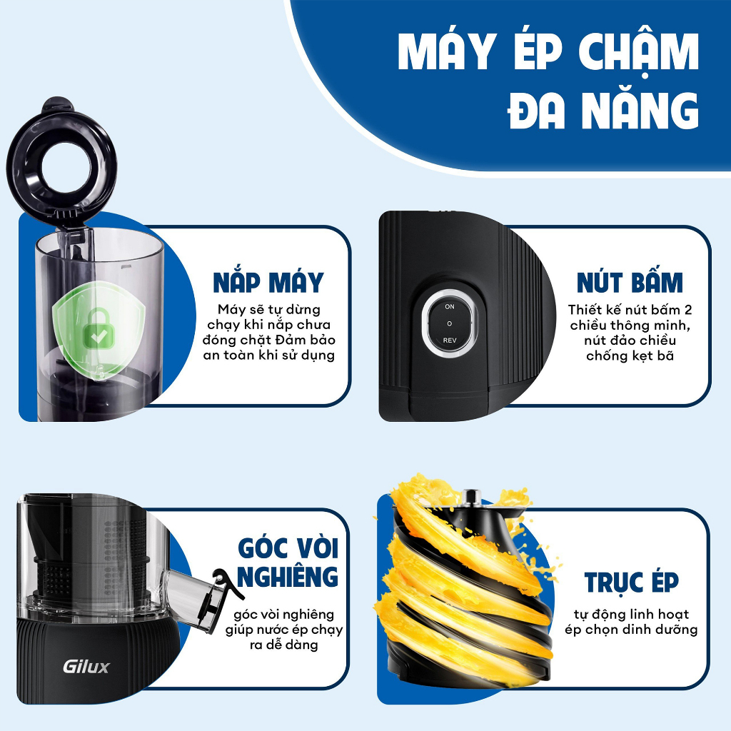 Máy ép trái cây Gilux 200w chính hãng - ép kiệt bã - nguyên quả giữ nguyên dinh dưỡng- Bảo hành 12 tháng