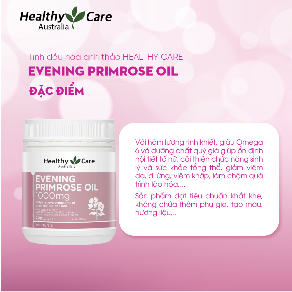Tinh dầu hoa anh thảo Úc Evening Primrose Oil 1000mg Healthy Care điều hòa nội tiết, giúp đẹp da, tóc, móng 200 viên