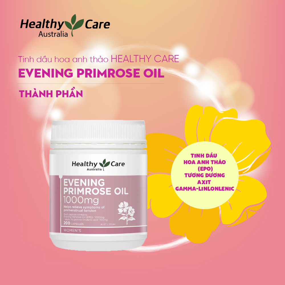 Tinh dầu hoa anh thảo Úc Evening Primrose Oil 1000mg Healthy Care điều hòa nội tiết, giúp đẹp da, tóc, móng 200 viên