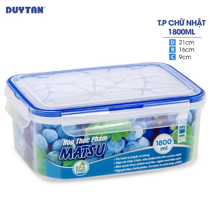 Hộp đựng thực phẩm chữ nhật nhựa DUY TÂN Matsu 1800ml (21 x 16 x 9 cm) - 03222