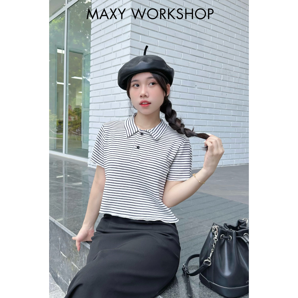 Áo thun polo sọc ngang dáng croptop năng động Polo Tee Maxy Workshop