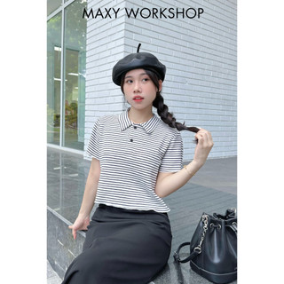 Áo thun polo sọc ngang dáng croptop năng động Polo Tee White Stripped Maxy Workshop