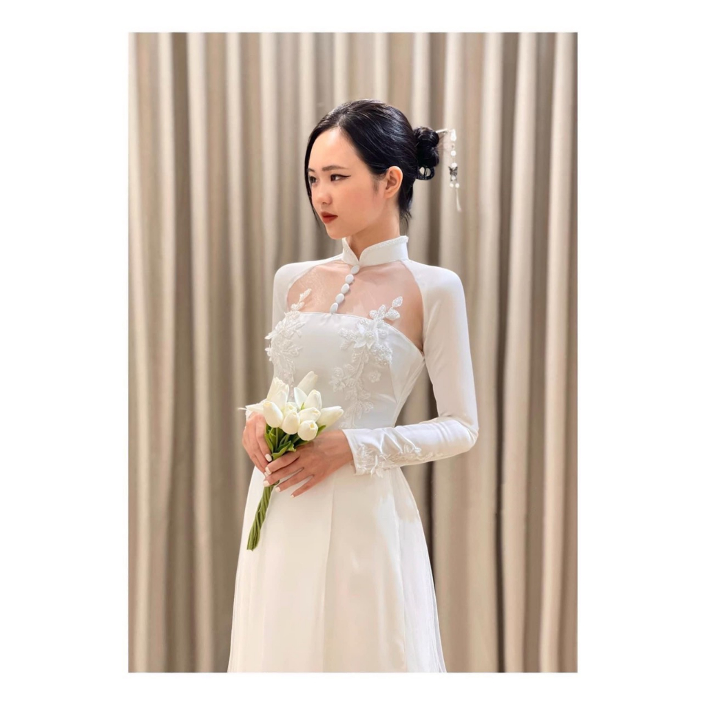 Áo dài cưới - Áo dài cô dâu màu trắng đính hoa siêu xinh by Quỳnh Hương