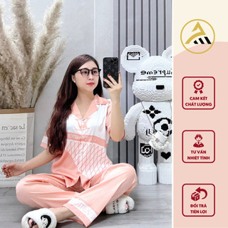 Bộ Đồ Ngủ Nữ Tay Ngắn Anh Mỹ Lụa Xước In 5D Cao Cấp Thoáng Mát Hồng Nhạt Nữ Tính SP0012