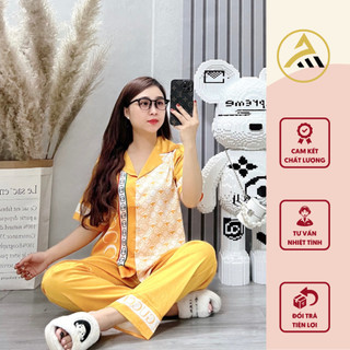 Bộ Đồ Ngủ Nữ Tay Ngắn Anh Mỹ Vải Lụa Xước In 5D Thoáng Mát Họa Tiết Vàng Thanh Lịch SP0013
