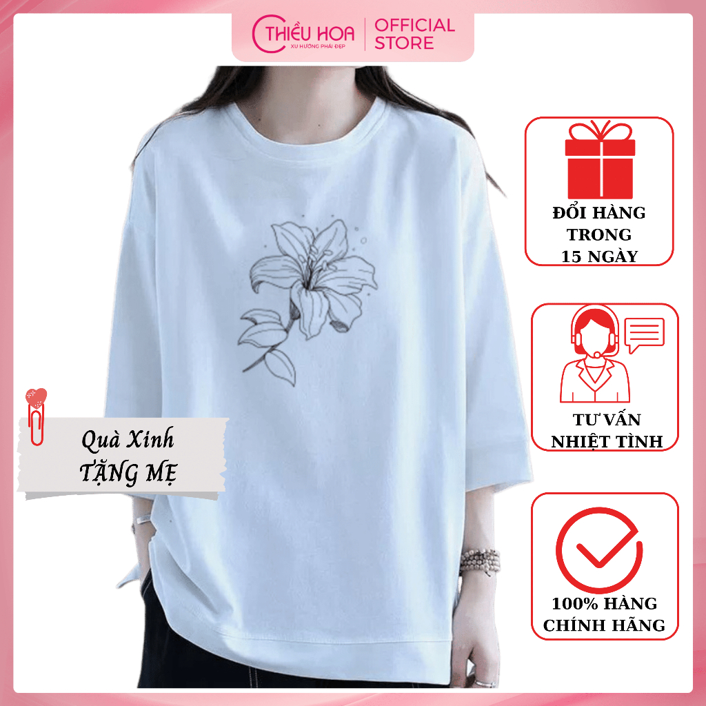 Áo thun dài tay trung niên, chất cotton mềm mịn, dáng suông che khuyết điểm tốt thương hiệu Thiều Hoa AD3T1154