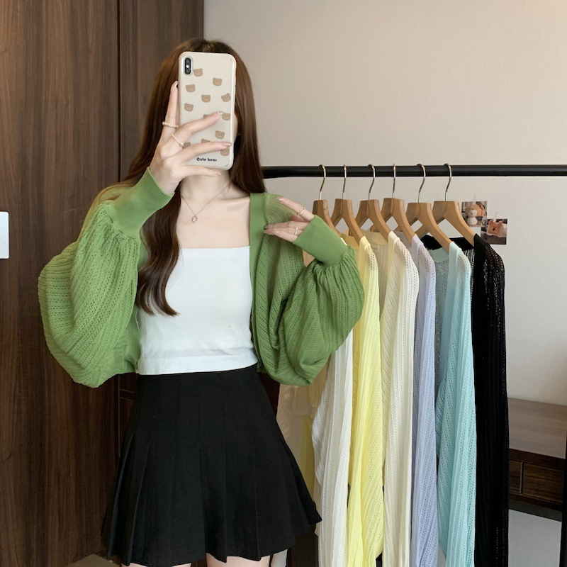 Áo khoác cardigan croptop cánh dơi INFLACHI dệt kim tay phồng đan ô lưới thoáng nhiều màu sắc dễ phối đồ cho nữ C2-12.1