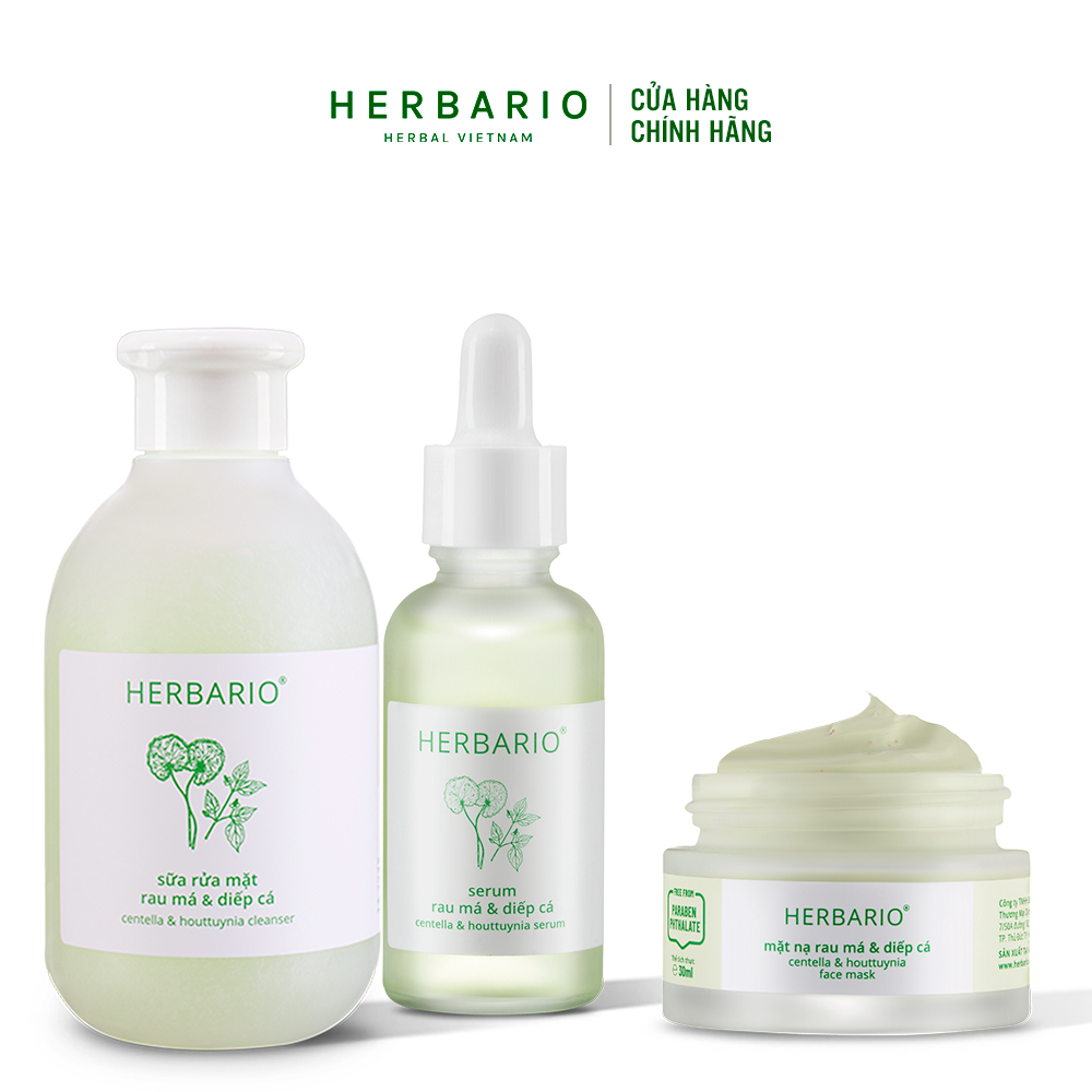 Bộ 3 chăm sóc da mụn cơ bản Rau má & Diếp cá Herbario: Sữa rửa mặt 200ml + Serum 30ml + Mặt nạ 30ml