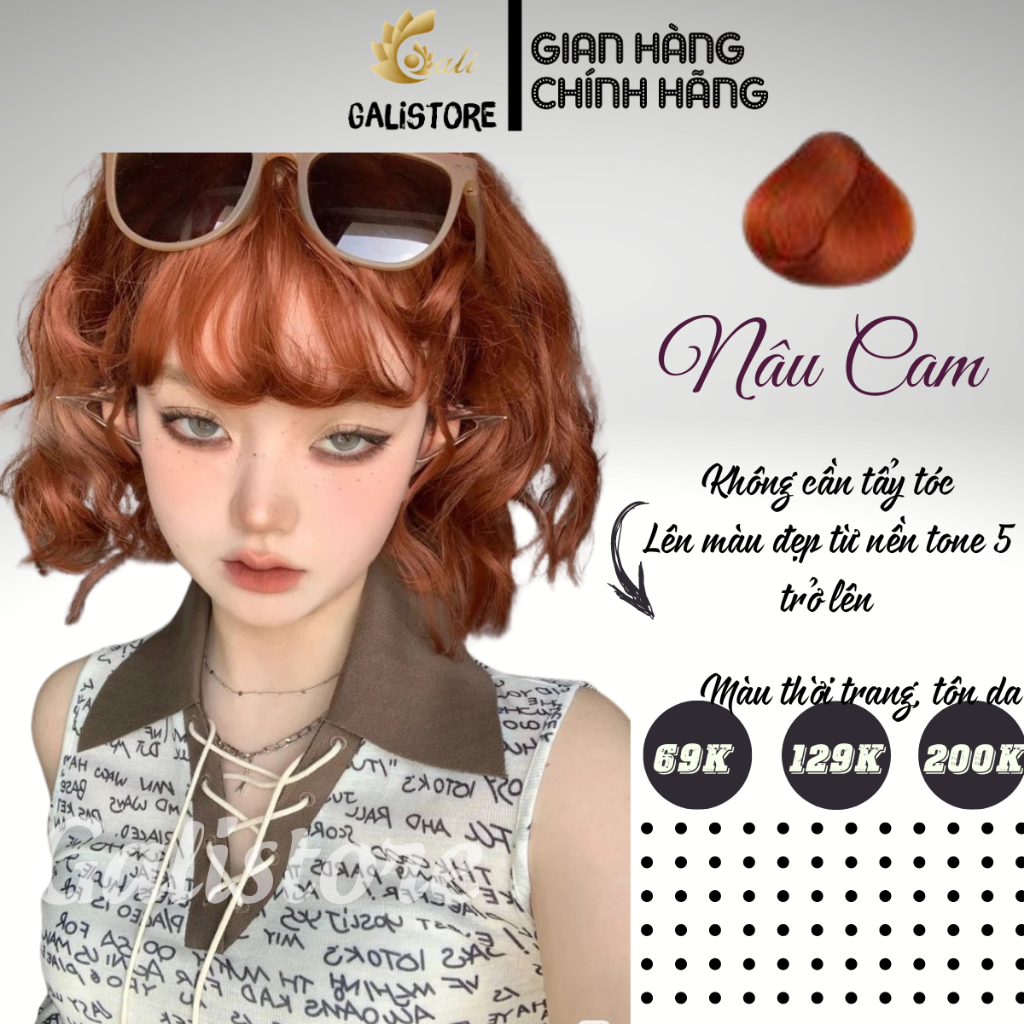 Thuốc nhuộm tóc Nâu Cam nhuộm màu Nâu Cam Đất Không tẩy, tặng oxy trợ nhuộm Galistore