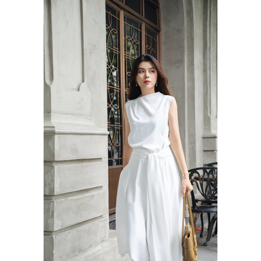 Đầm lụa trơn thắt nơ eo - Trắng | Hà Cúc