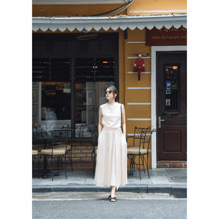 Đầm lụa trơn thắt eo - be | hà cúc