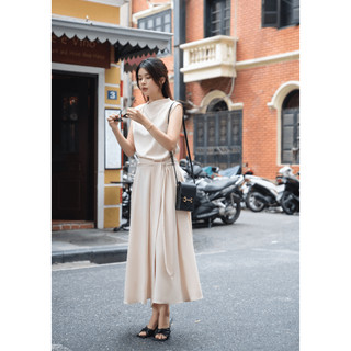 Đầm lụa trơn thắt eo - Be | Hà Cúc