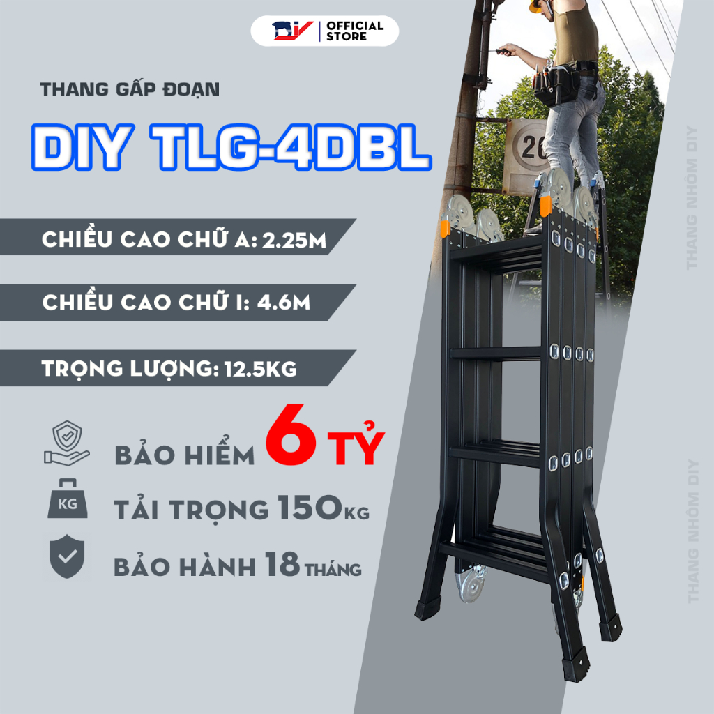 Thang nhôm gấp 4 đoạn DIY chân choãi TLG-4DBL chiều cao sử dụng chữ A 2.25m, chiều cao chữ I 4.6m