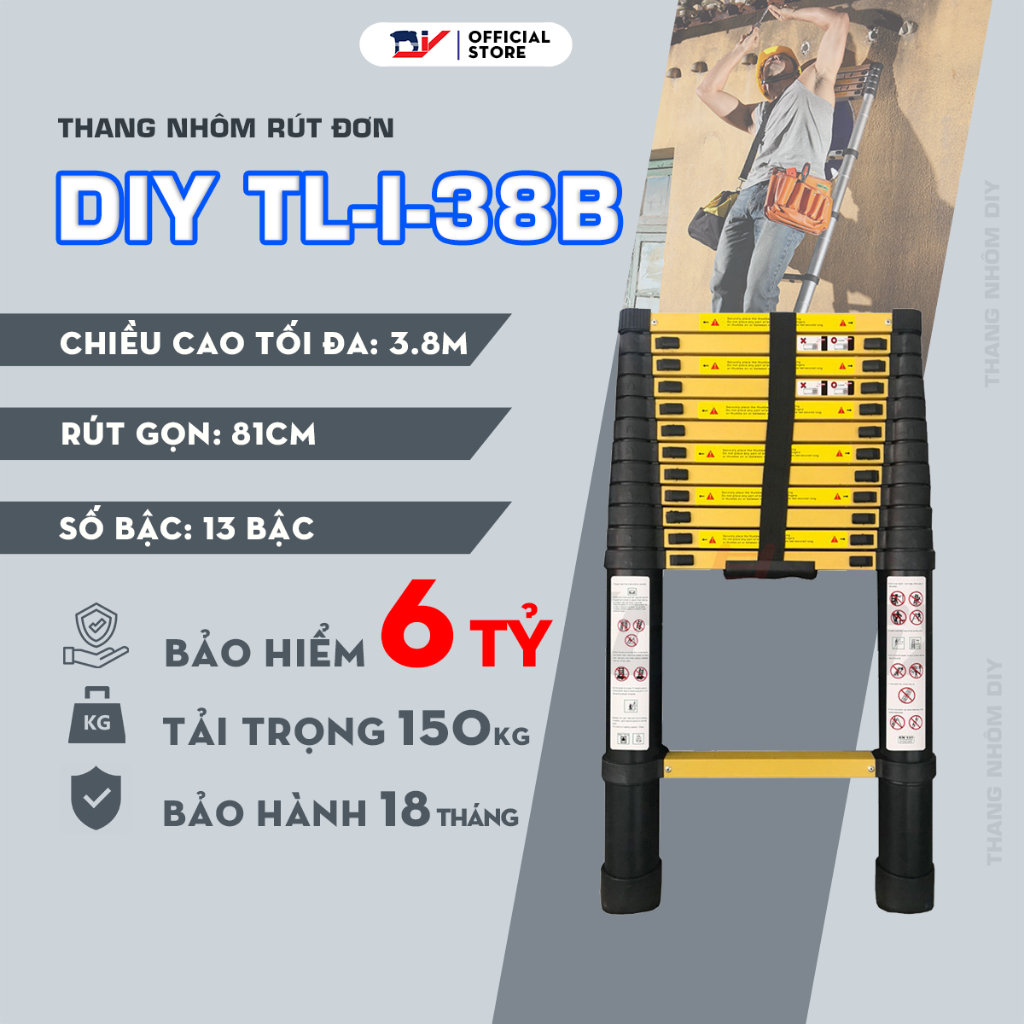 Thang nhôm rút đơn sơn tĩnh điện DIY TL-I-38B chiều cao sử dụng tối đa 3.8M, tải trọng 150kg