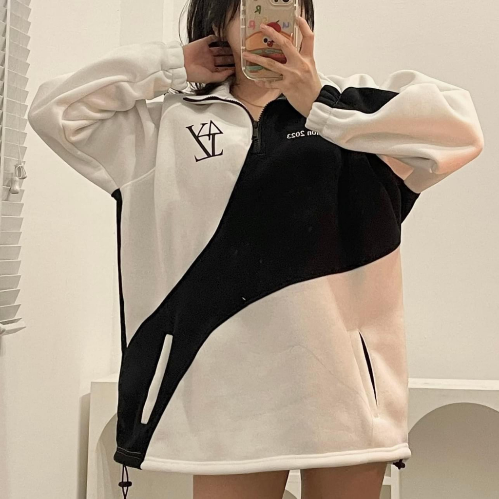 Áo khoác hoodie nỉ COLLECTION 2023 4TYZ phối hai màu dây kéo cổ dây rút form UNISEX - HARLEY STORE SG