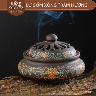 Lư xông Trầm Hương đỉnh, lư xông trầm nụ, nhang nụ bằng gốm cao cấp hoa văn chạm khắc tinh xảo mẫu bầu, không chân trụ