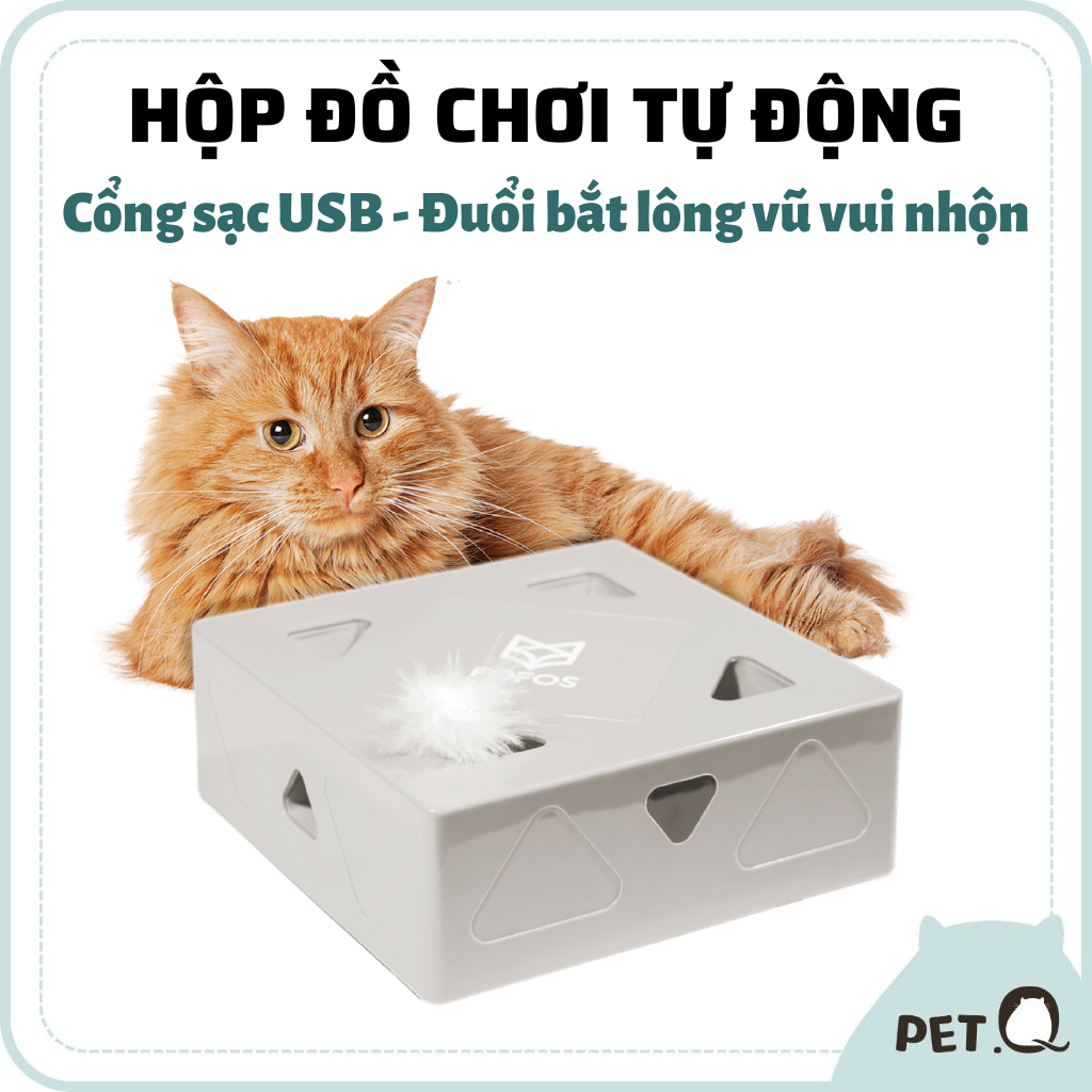 Hộp đồ chơi cho mèo FOFOS, Hộp đồ chơi lông vũ cảm biến tự động, Đuổi bắt lông vũ vui nhộn, Thúc đẩy vận động, Sạc USB