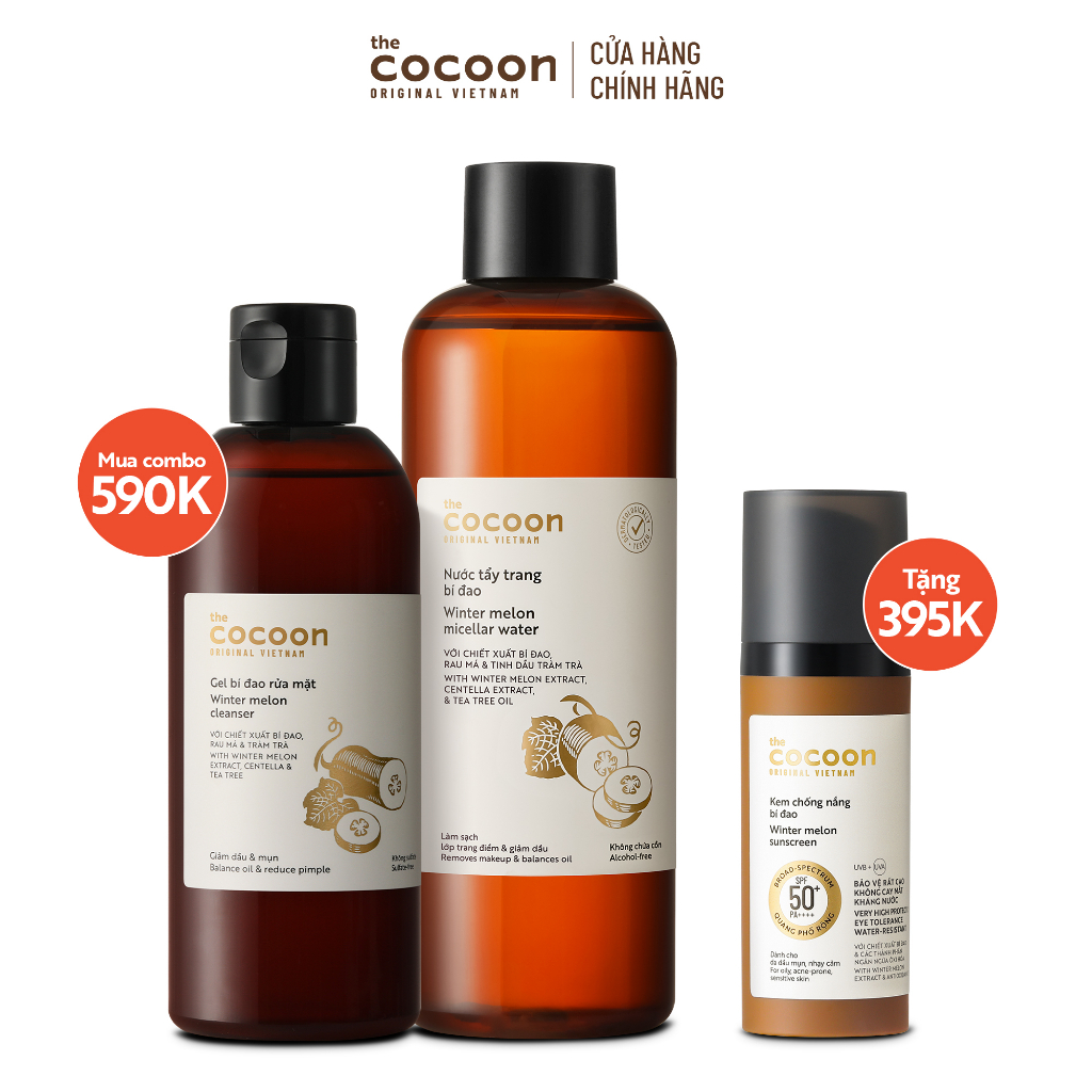 SPECIAL COMBO Bigsize - Nước tẩy trang bí đao 500ml + Gel bí đao rửa mặt 310ml tặng kem chống nắng bí đao Cocoon 50ml