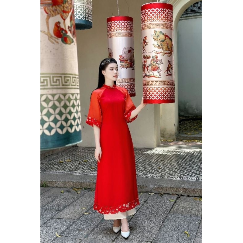 Áo dài nữ 💝FREESHIP💝 Áo dài cách tân màu đỏ màu vàng phối tay cực đẹp