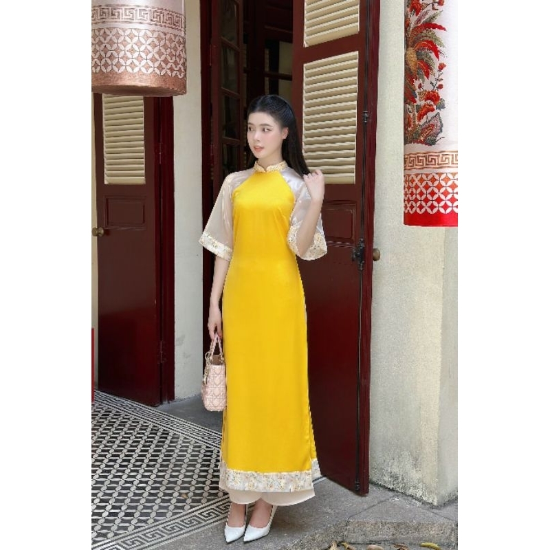 Áo dài nữ 💝FREESHIP💝 Áo dài cách tân màu đỏ màu vàng phối tay cực đẹp