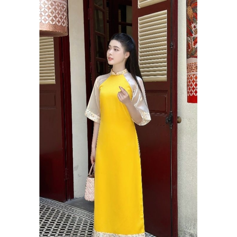 Áo dài nữ 💝FREESHIP💝 Áo dài cách tân màu đỏ màu vàng phối tay cực đẹp