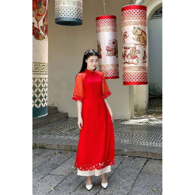 Áo dài nữ 💝FREESHIP💝 Áo dài cách tân màu đỏ màu vàng phối tay cực đẹp